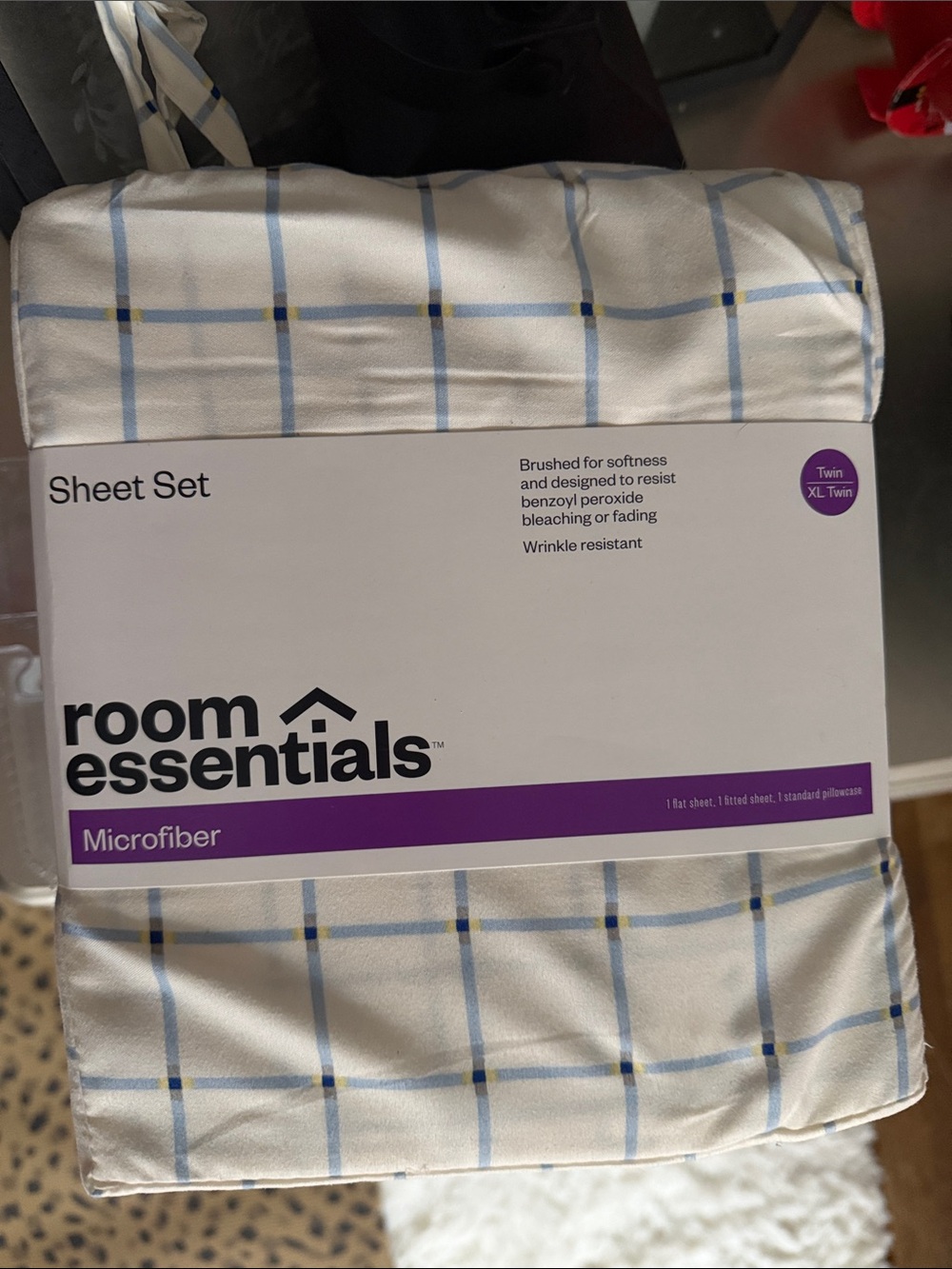 Room Essentials White Microfiber Sheet Set with Blue and Yellow Windowpane